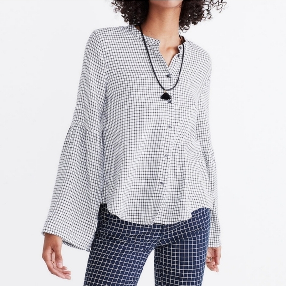 Madewell Black & White Windowpane Gingham Buttton Front Flared Bell Sleeve Shirt - Picture 1 of 9